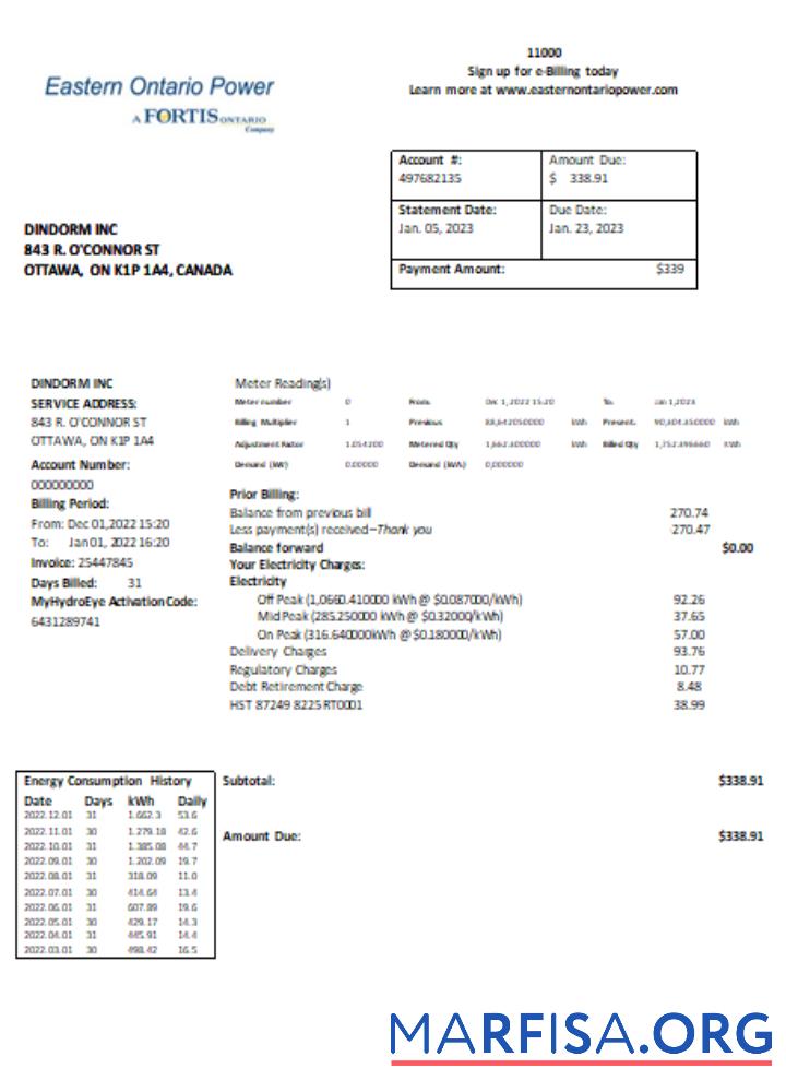 Realistic Eastern Ontario Power utility business bill, SCR sample